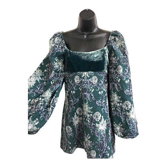 Free People structured green brocade look velvet balloon sleeve babydoll dress - Picture 4 of 16